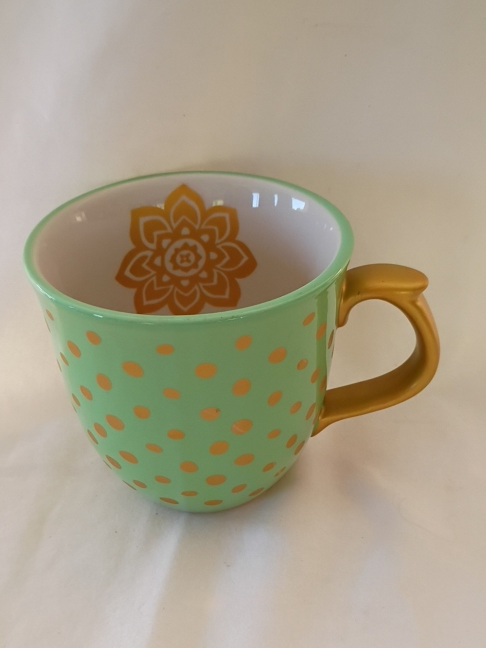 EUC Pioneer Woman Christmas Charm Large Mug Cup Mint Gold Dot Lotus Coffee Tea